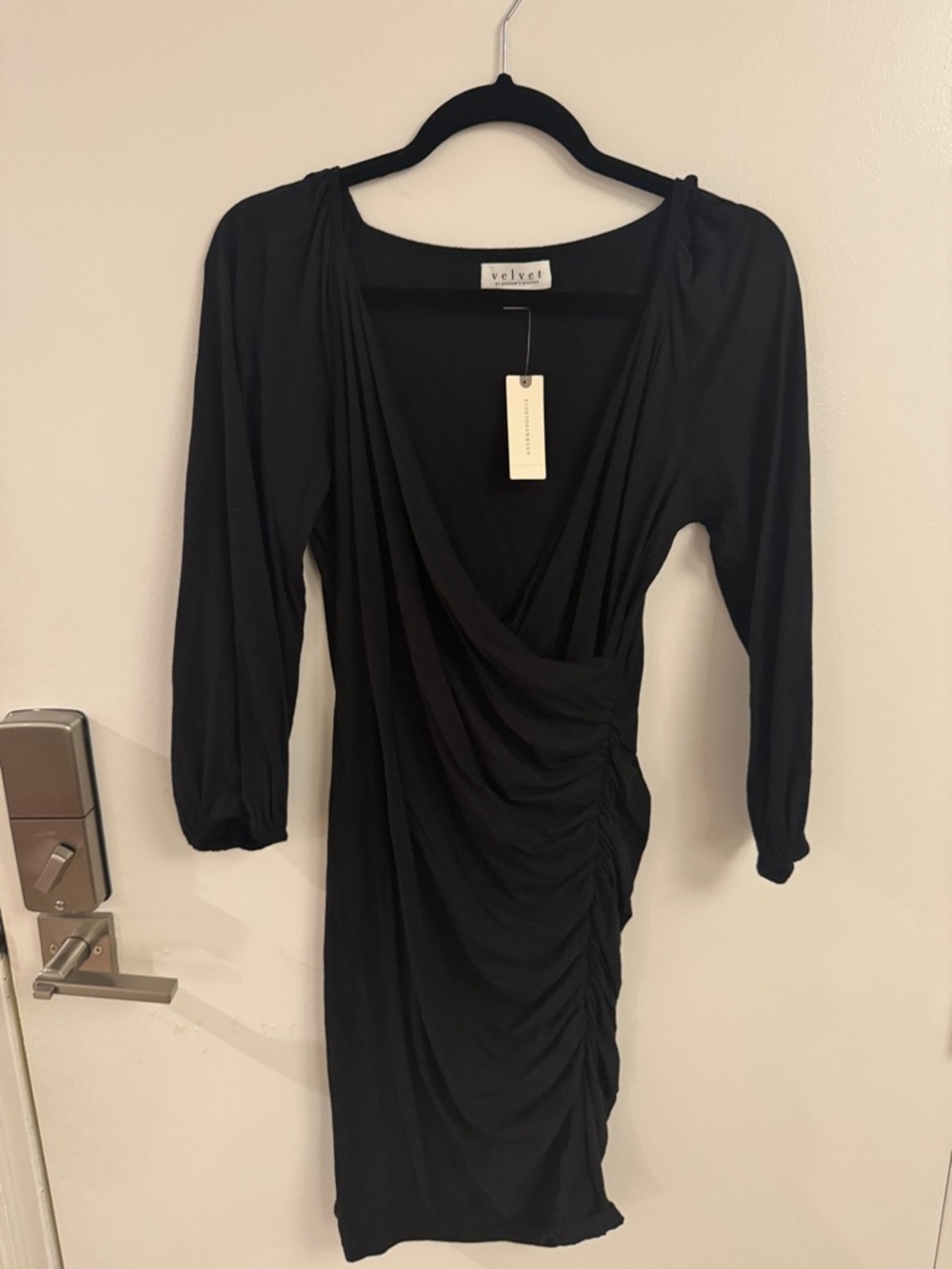 Black Draped Ruched Long-Sleeve Dress. Soft t-shirt material